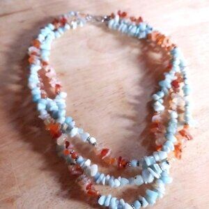 Handcrafted necklace 3-strand beaded choker aqua orange multistrand